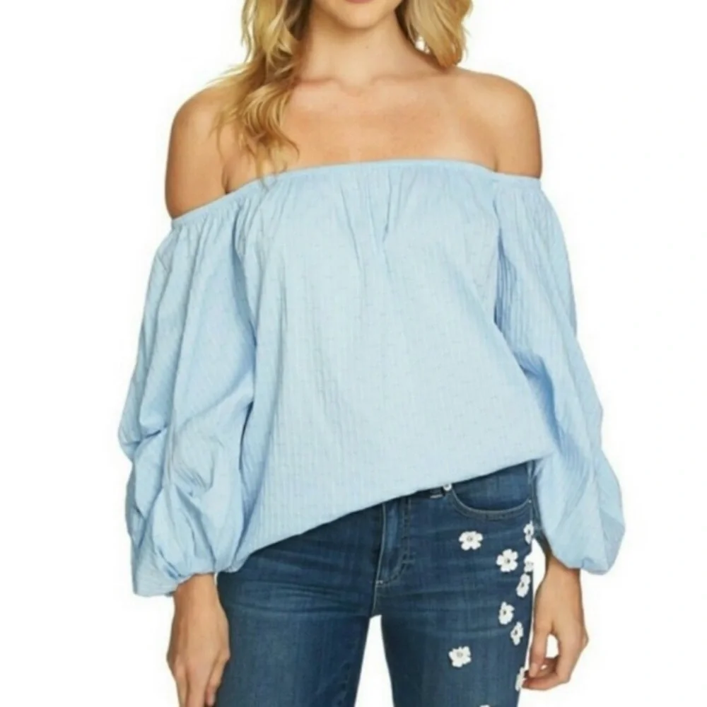🇺🇸 CECE Blue Off-the-shoulder Balloon-sleeve Blouse NWT M - Picture 1 of 16